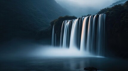 Poster - Rainbow waterfall landscapes harmonious concept. A serene waterfall amidst misty mountains, showcasing nature's beauty and tranquility.