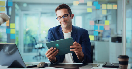 Poster - Business, tablet and man in office, productivity and connection with social media. Person, copywriting and employee in workplace, tech and digital app with website info, email for approval and smile