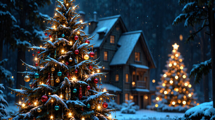 Poster - Cozy winter scene at night featuring illuminated Christmas trees in a snowy forest with a quaint house in the background creating a festive and peaceful atmosphere.