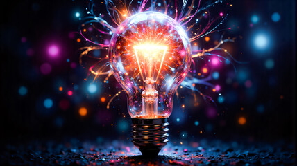 Aufkleber - A luminous light bulb radiates vibrant sparks against a dark backdrop with bokeh lights, symbolizing a bright idea and creative energy.