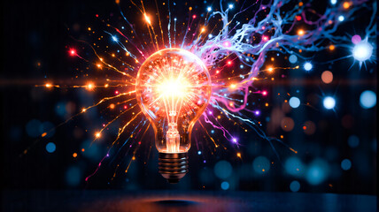Aufkleber - A vibrant light bulb explodes with bright energy, emitting colorful sparks and light rays against a dark bokeh background. Illuminating and dynamic.