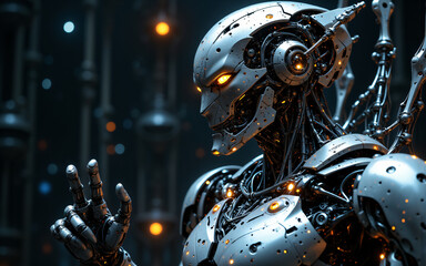 Poster - Metallic silver cyborg with glowing eyes, intricate mechanical body and gesturing hand. Set in a dark, industrial and futuristic environment.
