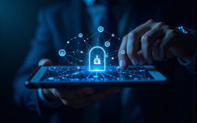 Poster - Person holds a tablet displaying a digital lock icon surrounded by network nodes.  A glowing blue network overlay suggests online security and data protection.