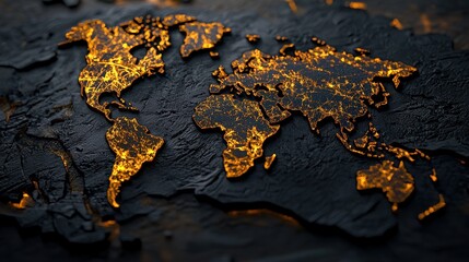 artistic world map design featuring glowing orange textures on a dark surface, perfect for global th