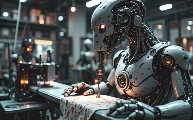 Poster - A metallic humanoid robot diligently operates a sewing machine in a workshop, showcasing futuristic automation and skilled craftsmanship.