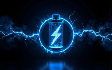 Poster - A luminous blue battery symbol with a lightning bolt is centered within a circle.  Electric sparks and energy emanate on a dark backdrop.