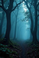 Wall Mural - Dark forest landscape with twisted tree branches, fog and mist, rustic, natural