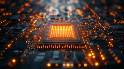 Poster - Futuristic glowing microchip with orange lights on circuit board. Technology innovation.