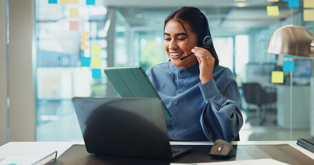 Fototapete - Happy woman, headset or laptop with tablet for online interaction or engagement at office. Female person, consultant or agent with technology or app for remote advice, UI support or UX at workplace
