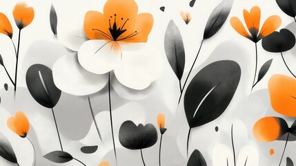 Aufkleber - Minimalist spring illustration showcasing grayscale flowers with hints of orange in a subtle, artistic arrangement