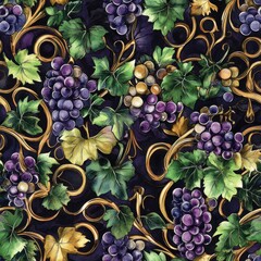 Poster - Intricate doodle cartoon of grapes and vines with vibrant colors and detailed patterns ideal for creative projects