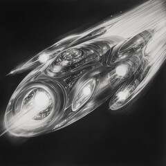 Poster - Sleek alien spaceship gliding through the cosmos with bright lights in a dark expanse