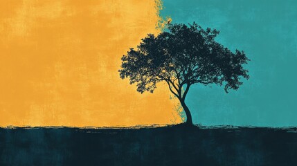 Fototapete - Intriguing pencil silhouette of a tree against vibrant contrasting colors