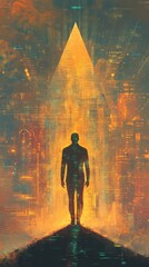Poster - Surreal representation of a glowing man emerging from a vibrant, digital landscape filled with abstract patterns