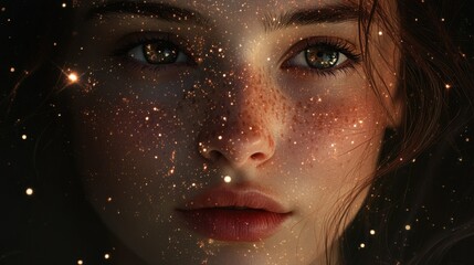 Poster - Serene portrait of a woman's face filled with cosmic elements illustrating the beauty of the universe