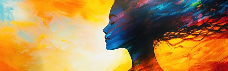 Poster - Serene portrait of a woman radiating beauty amidst vibrant colors at sunset
