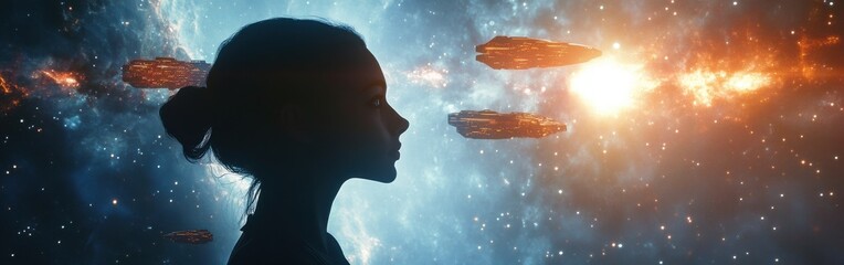 Poster - Woman captures serenity with a radiant glow against a cosmic backdrop of stars and celestial ships