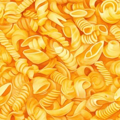 Poster - Colorful doodle cartoon representations of various pasta shapes in vibrant yellow watercolor style