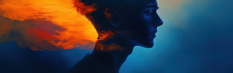 Poster - Mystical profile of a man surrounded by vibrant swirling colors at twilight