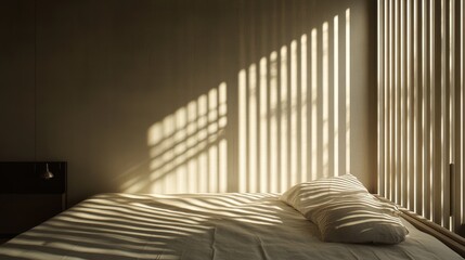 Poster - Minimalist bedroom filled with warm light from the window casting shadows on the bed