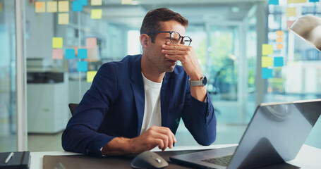 Aufkleber - Business, man and laptop with eye strain headache for news publication deadline, article pressure and brain fog. Creative agency, journalist and glasses with migraine for burnout, overworked or tired