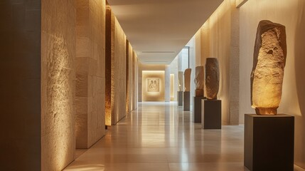 Poster - Hallway showcasing sculptural installations highlighted by soft lighting and minimalist design in an artistic space