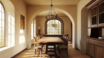 Aufkleber - Elegant dining area with arched architecture and natural light in a spacious setting