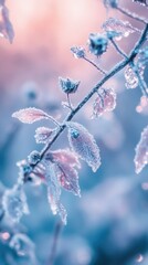 Aufkleber - Frosted leaves glimmering in icy blue hues during the early morning light