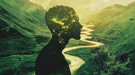 Leinwandbilder - Glowing silhouette of a man representing creativity and thoughts against a natural landscape