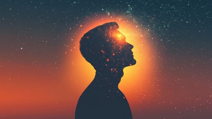 Poster - Man glowing with cosmic energy against a vibrant starry background during twilight hours