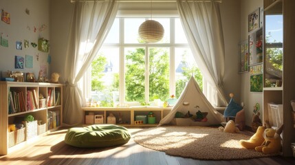Aufkleber - Bright eco-friendly children's room with natural light and playful decor inviting creativity and comfort