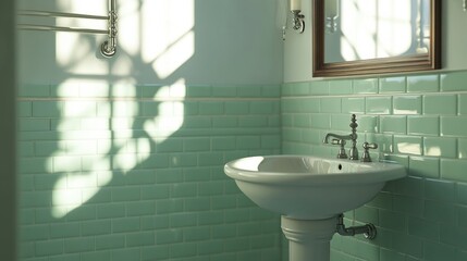 Aufkleber - Elegant bathroom featuring mint green tiles and a traditional pedestal sink with sunlight filtering through the window
