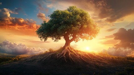 Wall Mural - Majestic tree with exposed roots at sunset, glowing sky. Nature's resilience concept
