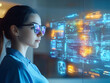 © Shahazadi - Woman with glasses looking at digital interface with glowing charts and data visualizations on a screen
