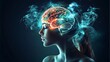 © koji antero - Conceptual image of a brain, overlaid on a woman's profile, with swirling smoke effects.  The brain is highlighted with glowing energy