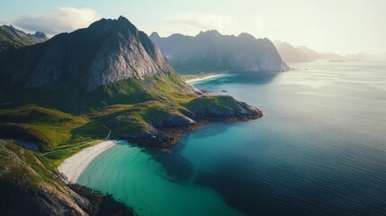Wall Mural - Scenic coastal landscape with green mountains and turquoise sea on a sunny day