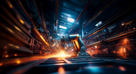 Poster - Automated robotic arm welds metal with sparks flying in a factory setting. The industrial process is dynamic with vibrant orange and blue tones.