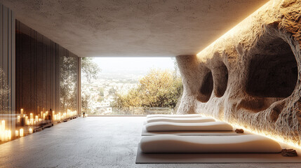 Poster - serene interior space featuring minimalist design, natural light, and organic textures, perfect for relaxation and wellness