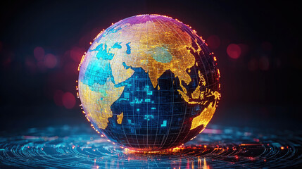 Aufkleber - vibrant 3D digital globe showcasing continents with glowing outlines and network of data points, symbolizing global connectivity and technology