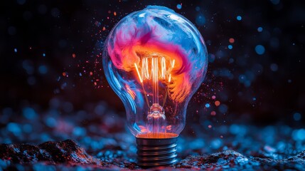 Poster - Light bulb with vibrant colors and glowing filament, creative energy concept