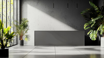 Poster - Modern interior design featuring minimalist reception area with large windows, concrete walls, and lush greenery. space exudes tranquility and
