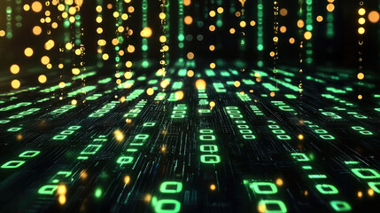 Fototapete - Digital data stream background with glowing binary code and light effects, creating futuristic atmosphere