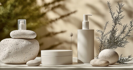 Poster - Minimalist skincare products arranged with natural stones and greenery create serene and calming atmosphere, perfect for spa like experience