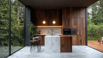 Poster - Modern kitchen design features sleek cabinetry, marble countertops, and large windows. space is bright and inviting, blending nature with