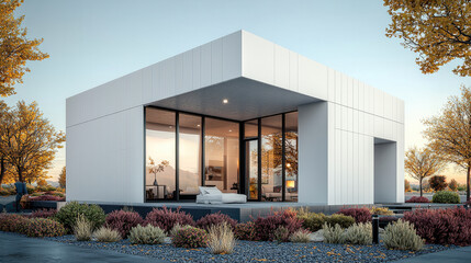 Poster - modern minimalist house with large glass windows, surrounded by colorful autumn foliage and landscaped gardens, exudes tranquility and elegance