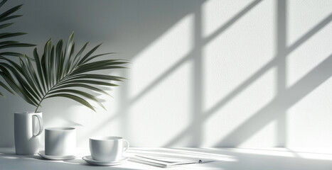 Poster - Minimalist design with white cups, plant, and soft shadows creating serene atmosphere. Perfect for office or home decor inspiration