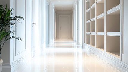 Poster - bright and elegant hallway featuring smooth flooring, white walls, and built in shelving, creating serene atmosphere