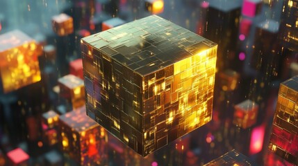 Aufkleber - Abstract glowing golden cubes in digital space, futuristic technology concept