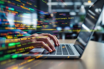 Poster - Hands typing on a laptop keyboard with colorful programming code overlays in a modern office environment.