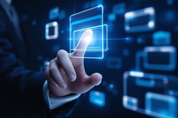 Futuristic touchscreen interface with glowing UI elements.